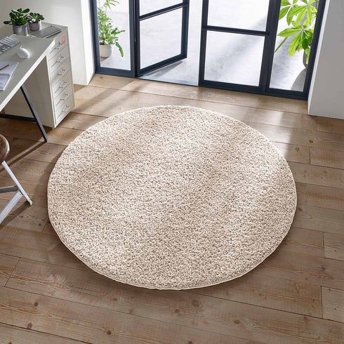 Shaggy Teppich | Flauschiger Langflor fürs Wohnzimmer, Esszimmer, Schlafzimmer oder Kinderzimmer | Creme Rund